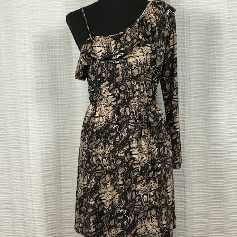 Johnny Martin Animal Print One-Shoulder Long Sleeve Dress w/Strap & Ruffles